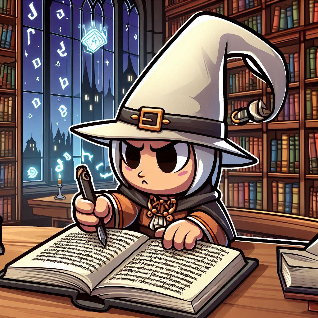 Ilustración de un personaje con un sombrero de mago escribiendo y sentado frente a una biblioteca